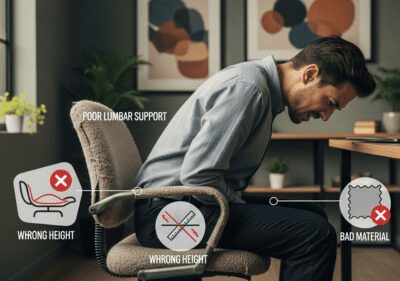 Office worker sitting on an unsuitable chair, illustrating the importance of choosing the right office chair and avoiding common mistakes.