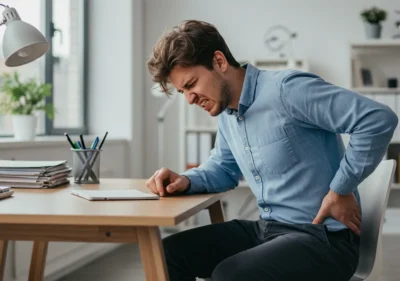 Frustrated office worker with lower back pain sitting on non-ergonomic chair in modern office – highlighting need for best office chair for back pain Egypt