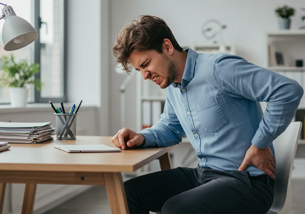 Frustrated office worker with lower back pain sitting on non-ergonomic chair in modern office – highlighting need for best office chair for back pain Egypt