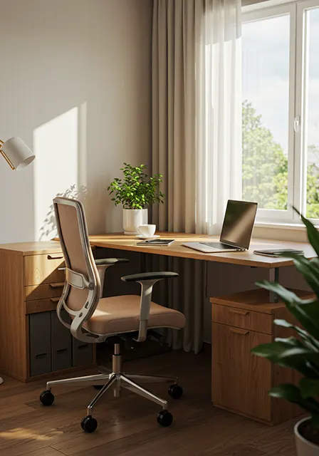 Modern office corner with ergonomic chair, wooden desk, laptop, and natural daylight