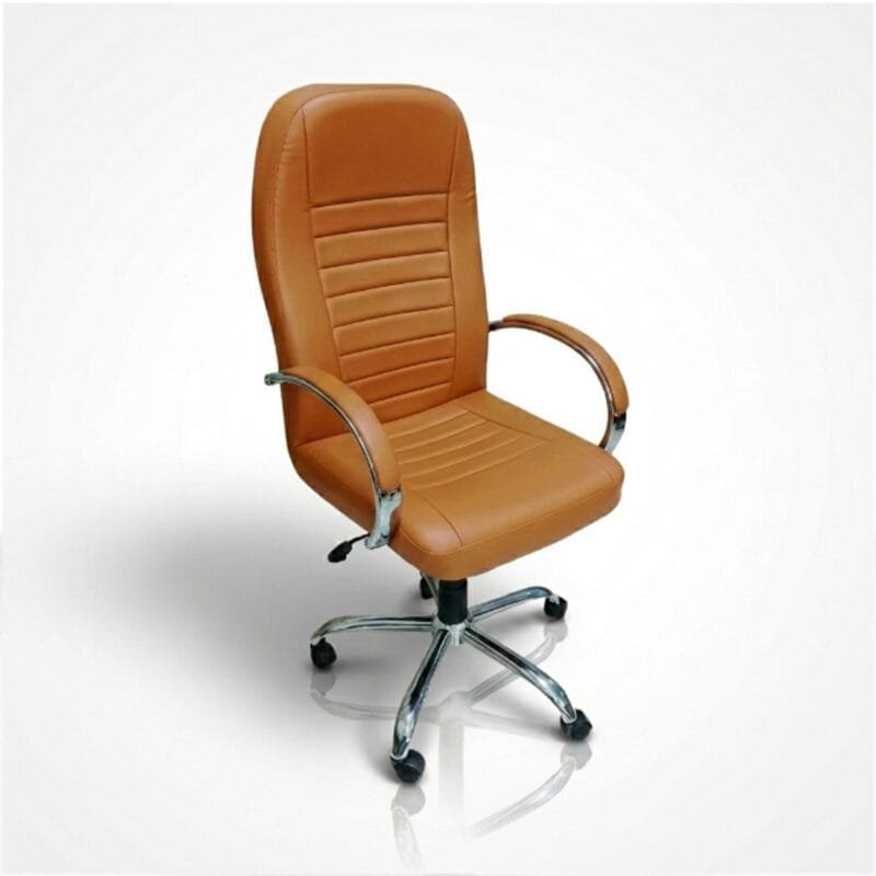 Tan brown executive office chair with a high backrest, padded leather upholstery, chrome armrests, swivel mechanism, and rolling caster wheels for professional office use.