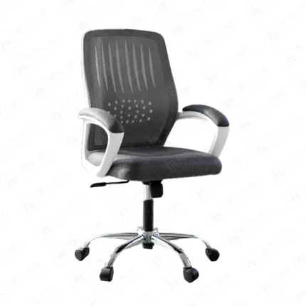 Modern black and white mesh office chair with a chrome swivel base from New Age Chairs.