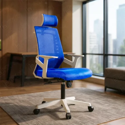 "Square White Frame Chair", modern blue mesh chair, ergonomic swivel chair with white frame