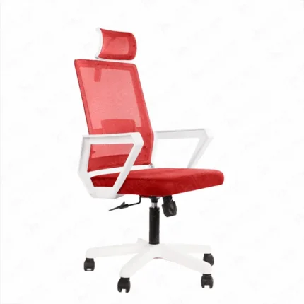 Side view of "Comfort White Frame Chair", red mesh and white frame, modern ergonomic design
