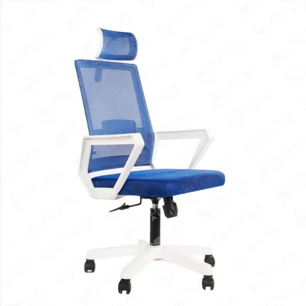 "Comfort White Frame Chair", modern blue mesh office chair, ergonomic swivel chair with white frame