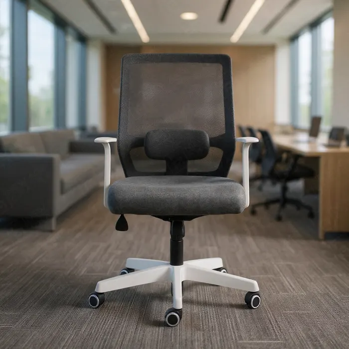The "New Style" White Frame Chair - Stylish Gray Design and Practical Comfort for the Office "New Style White Frame Chair", modern gray mesh chair with white frame, ergonomic swivel chair