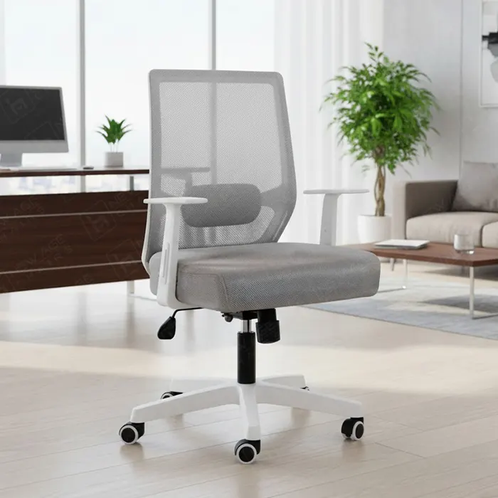 The "New Style" White Frame Chair - Stylish Gray Design and Practical Comfort for the Office "New Style White Frame Chair", modern gray mesh office chair, ergonomic swivel chair with white frame