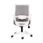 Rear view of "New Style White Frame Chair", gray mesh and white frame, modern ergonomic design