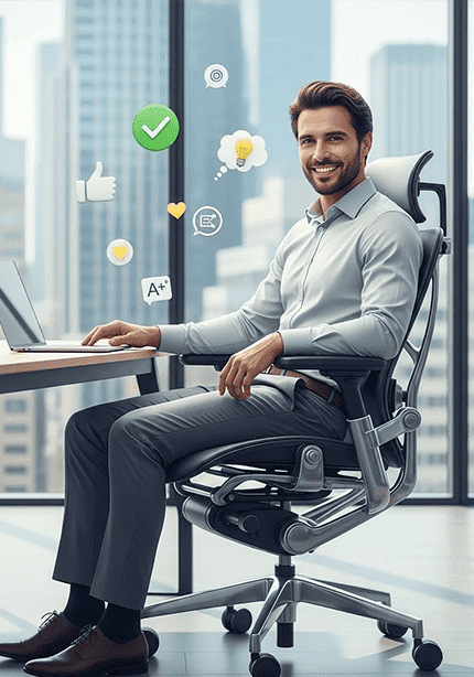 Alt Text: Confident professional sitting comfortably on a premium ergonomic office chair, highlighting value, comfort, and why choosing the right office chair matters.