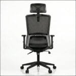Black ergonomic mesh office chair with adjustable headrest, lumbar support, armrests, and rolling caster base for comfortable all-day office use.