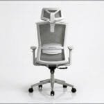 White high-back ergonomic mesh office chair with adjustable headrest, lumbar support, 3D armrests, and caster wheels on aluminum base