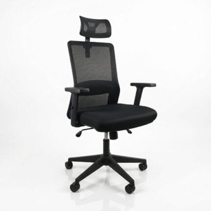 Black Rest ergonomic office chair with breathable mesh back, adjustable headrest, padded seat, and ergonomic design for long working hours.