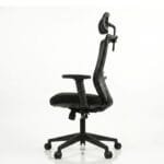 Black high-back ergonomic mesh office chair with adjustable headrest, padded armrests, cushioned seat, and five-star base with caster wheels, shown in side profile on white background
