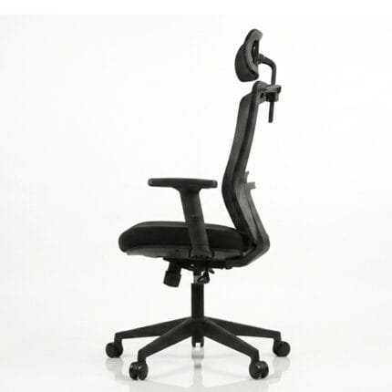 Black high-back ergonomic mesh office chair with adjustable headrest, padded armrests, cushioned seat, and five-star base with caster wheels, shown in side profile on white background