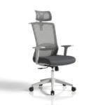 Grey and white ergonomic high-back mesh office chair with light grey mesh backrest, adjustable mesh headrest, fixed grey armrests, dark grey fabric seat cushion, chrome gas lift cylinder, and white five-star base with dual caster wheels, front view on white background