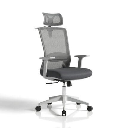 Grey and white ergonomic high-back mesh office chair with light grey mesh backrest, adjustable mesh headrest, fixed grey armrests, dark grey fabric seat cushion, chrome gas lift cylinder, and white five-star base with dual caster wheels, front view on white background