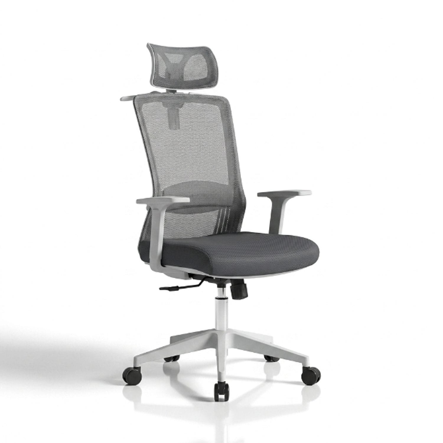 Grey & White Ergonomic High-Back Mesh Office Chair with Headrest – Modern Two-Tone Design Grey and white ergonomic high-back mesh office chair with light grey mesh backrest, adjustable mesh headrest, fixed grey armrests, dark grey fabric seat cushion, chrome gas lift cylinder, and white five-star base with dual caster wheels, front view on white background