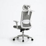 Three-quarter rear view of a grey and white ergonomic office chair showing adjustable lumbar support panel, full mesh backrest structure with white frame, mesh headrest, grey padded armrests, silver metallic five-star base with black caster wheels, on white background