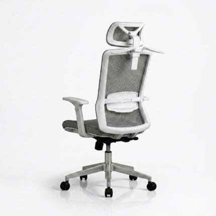 Three-quarter rear view of a grey and white ergonomic office chair showing adjustable lumbar support panel, full mesh backrest structure with white frame, mesh headrest, grey padded armrests, silver metallic five-star base with black caster wheels, on white background